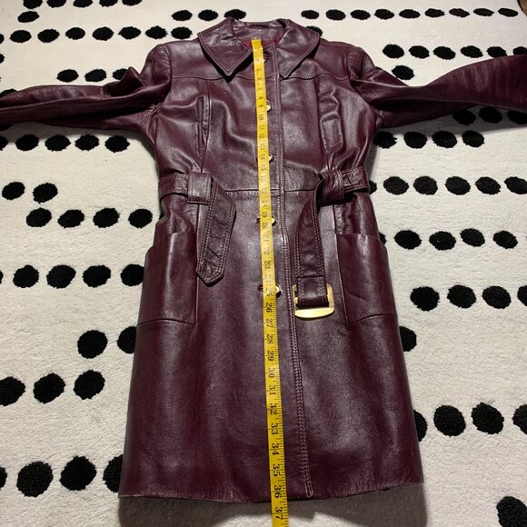 Vintage Di Costa Leather Overcoat Trench Coat Small Burgundy Belted 60s - Picture 15 of 16